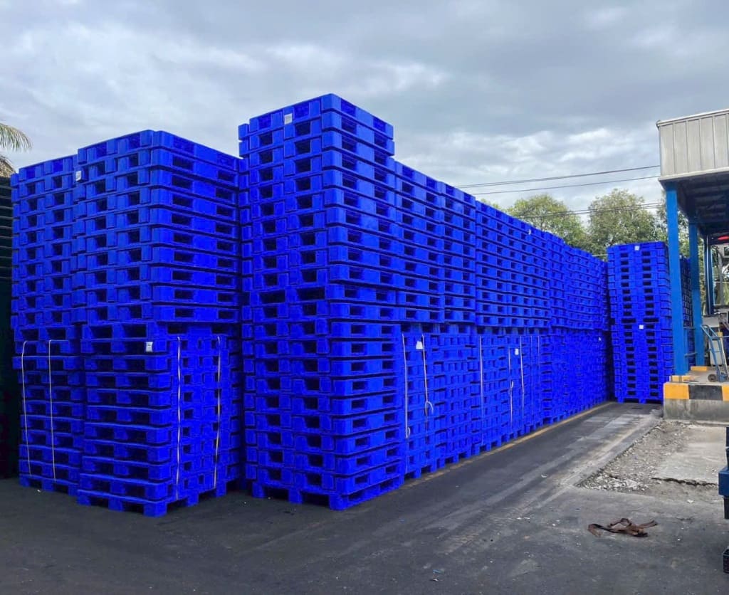 Bãi kho pallet nhựa xanh nguyên sinh chịu tải nặng