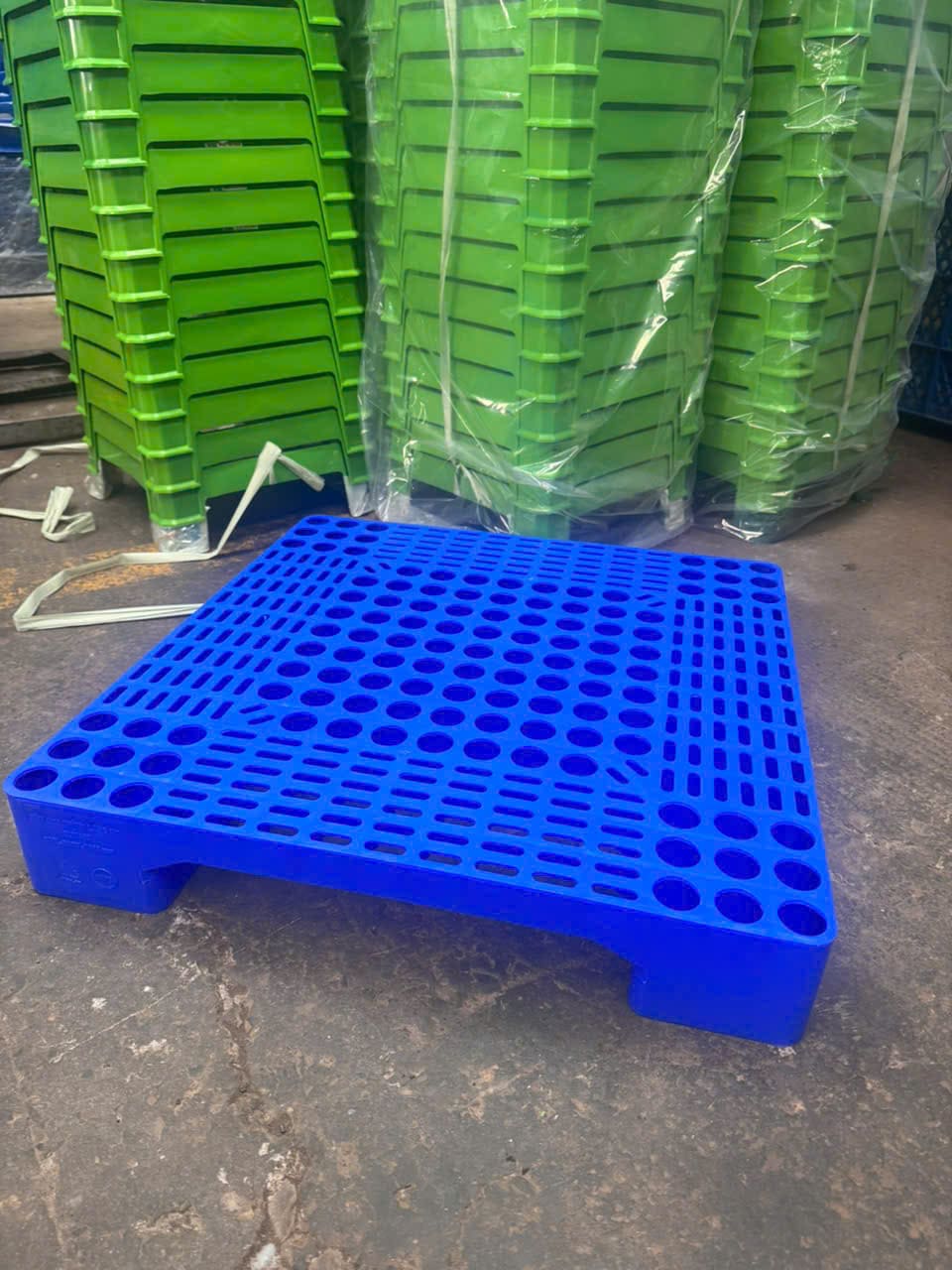 Pallet nhựa xanh dương với bề mặt lưới