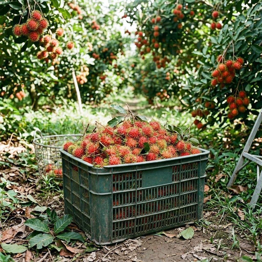 Sọt nhựa hở đựng trái cây thu hoạch chôm chôm tại vườn