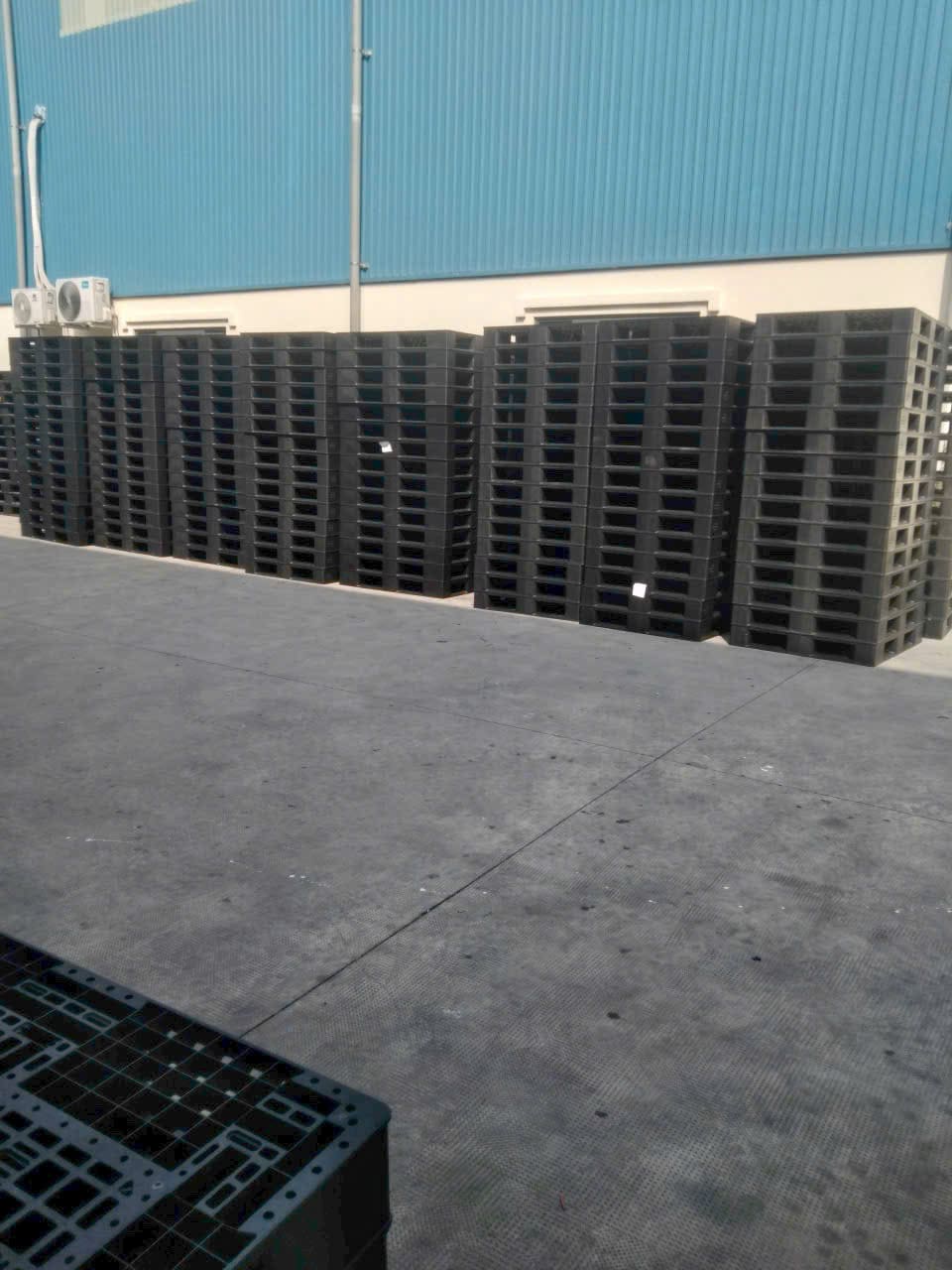 Pallet nhựa đen công nghiệp xếp hàng dài phía trước nhà xưởng