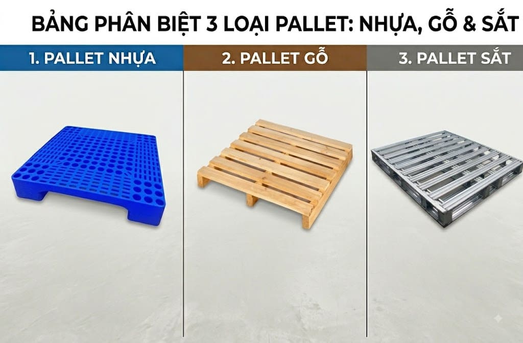 So sánh 3 loại pallet gồm pallet nhựa, pallet gỗ, pallet sắt