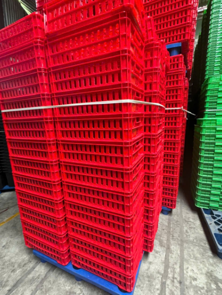Các chồng sọt nhựa hở màu đỏ đựng nông sản trên pallet tại kho