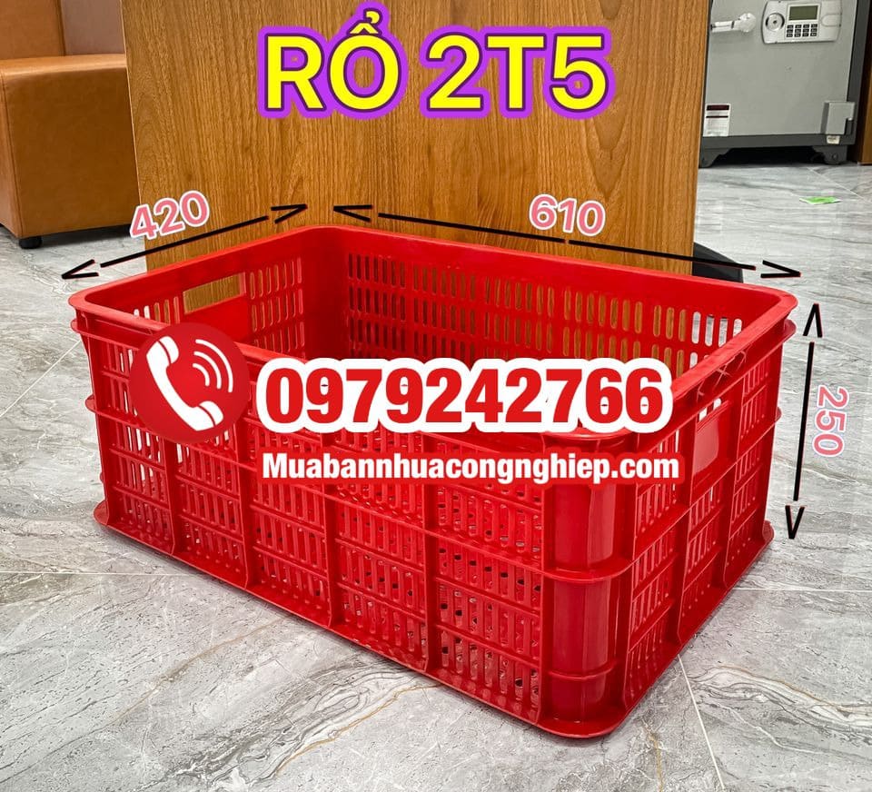 Rổ nhựa công nghiệp 2T5 kích thước 610x420x250mm màu đỏ